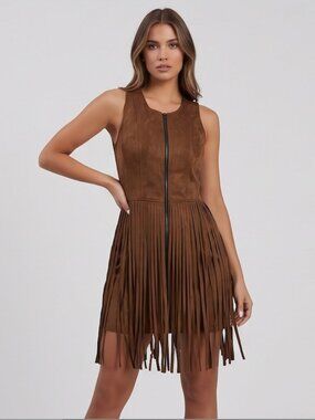 Boho Western Fringe Zip Up Dress -Vest Brown